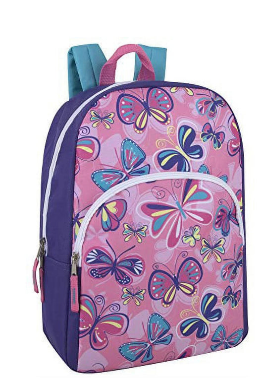 Girls 15"L Playful Printed Backpack with Padded Shoulder Straps and Front Zipper Pocket for Preschool, Kindergarten, Elementary, Camp, Traveling & Commuting in Bashful Butterflies