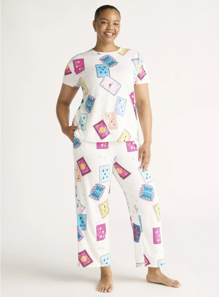 Joyspun Women's Short Sleeve Sleep Top and Open Leg Pants Pajama Set, 2-Pieces