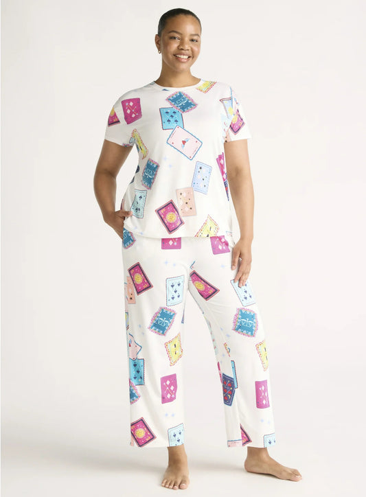 Joyspun Women's Short Sleeve Sleep Top and Open Leg Pants Pajama Set, 2-Pieces