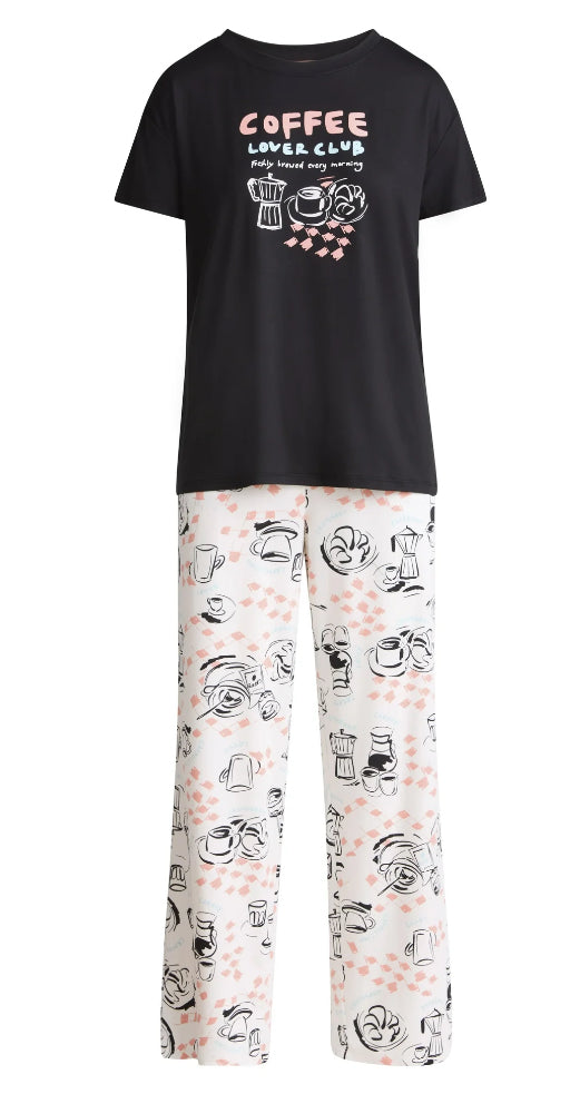 Joyspun Women's Short Sleeve Sleep Top and Open Leg Pants Pajama Set, 2-Piece.