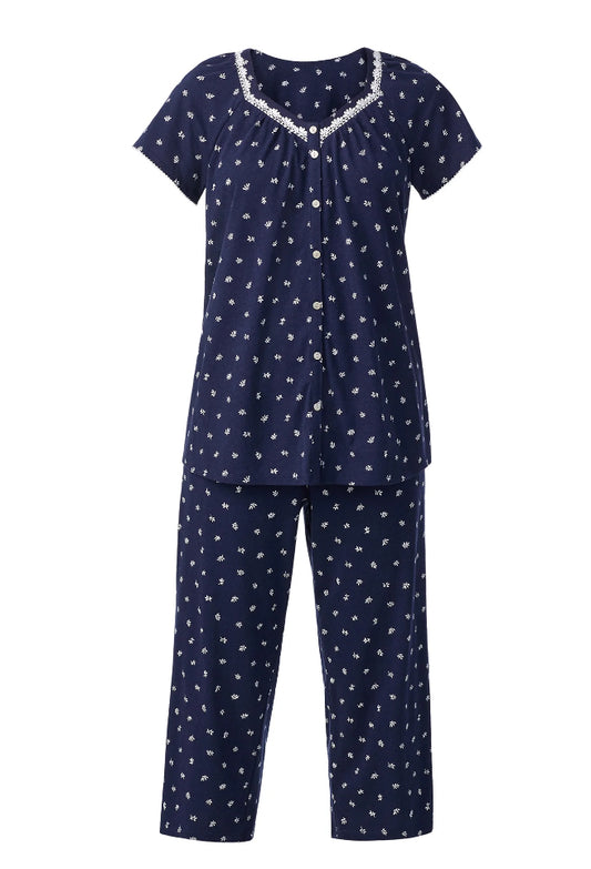 Aria Women's Short Sleeve 100% Cotton Cropped Pajama Set with Pockets.