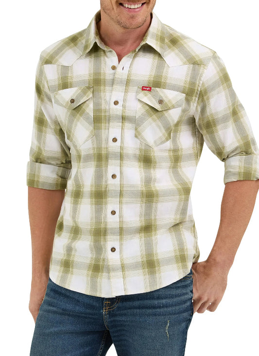 Wrangler® Men's Slim Fit Long Sleeve Woven Twill Shirt with Sunglasses Cleaner.