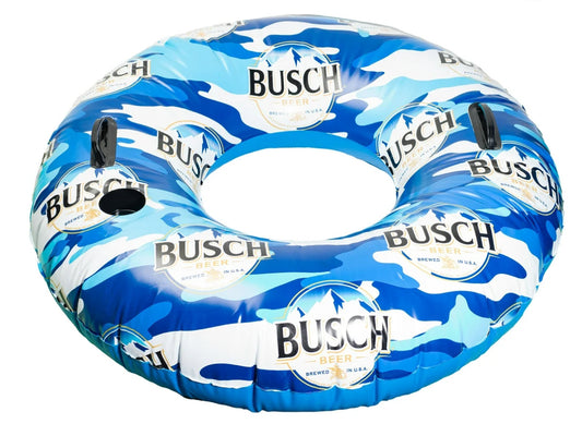 Busch Inflatable Swim Tube Adult Ring Float for Pools Rivers Lakes, Built-in Handles and Cup Holder