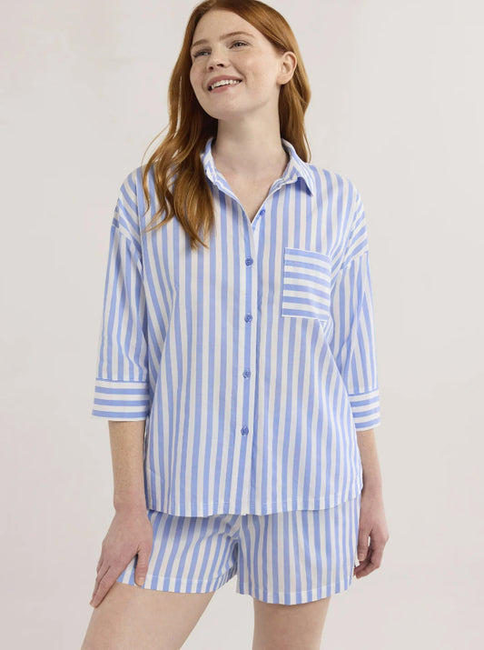 Joyspun Women’s Woven ¾ Sleeve Notch Collar Top and Boxer Shorts Pajama Set.