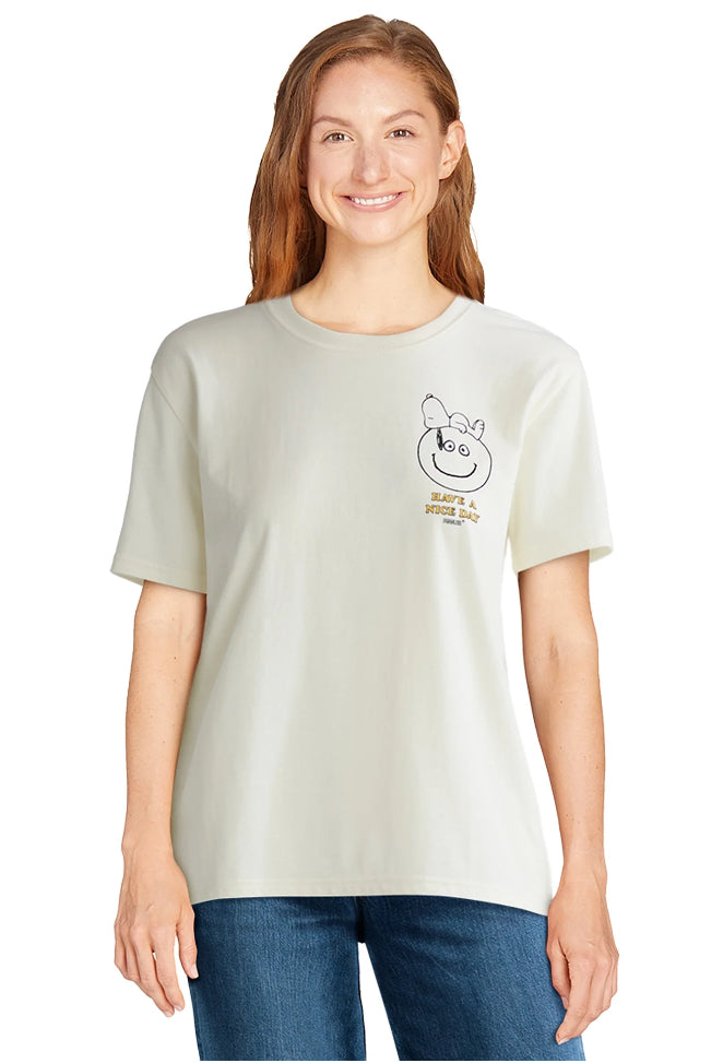 Peanuts Women’s Snoopy Front Back Graphic Tee with Short Sleeves.