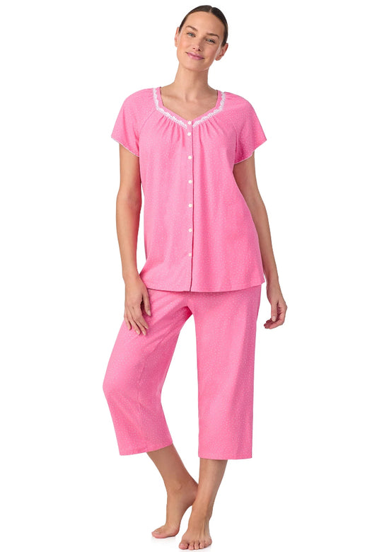Aria Women's Short Sleeve 100% Cotton Cropped Pajama Set with Pockets.