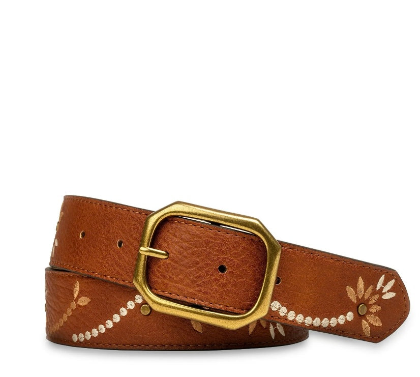 Time and Tru Women's Embroidered Faux Leather Belt, Brown