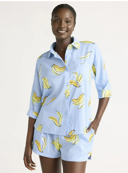 Joyspun Women’s Woven ¾ Sleeve Notch Collar Top and Boxer Shorts Pajama Set.