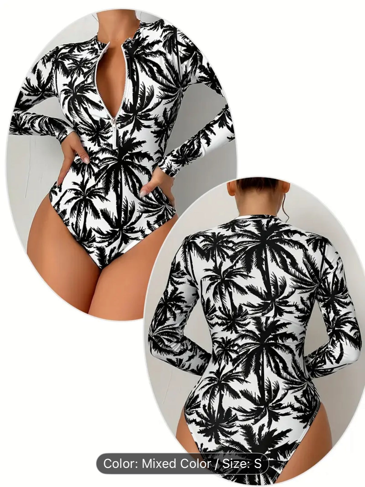 Women'S Tropical Palm Tree Print Long Sleeve One-Piece Swimsuit