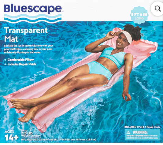 Bluescape Pink Transparent Air Mat, Inflatable Pool Float, Age 14 & up, Unisex
