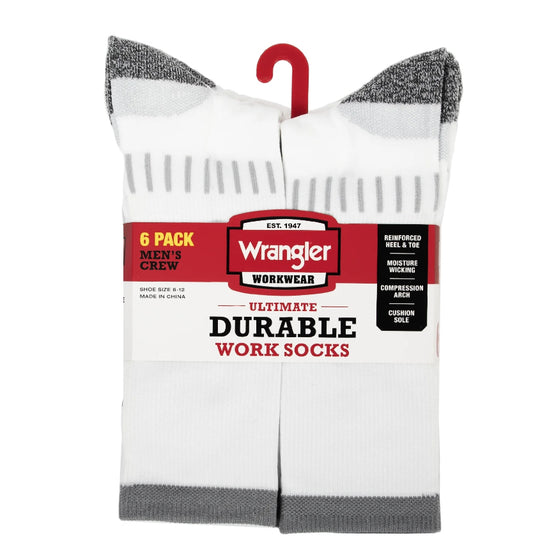 Wrangler Men's Ultimate Durable Work Socks, Crew Socks for Men, White, 6 Pack