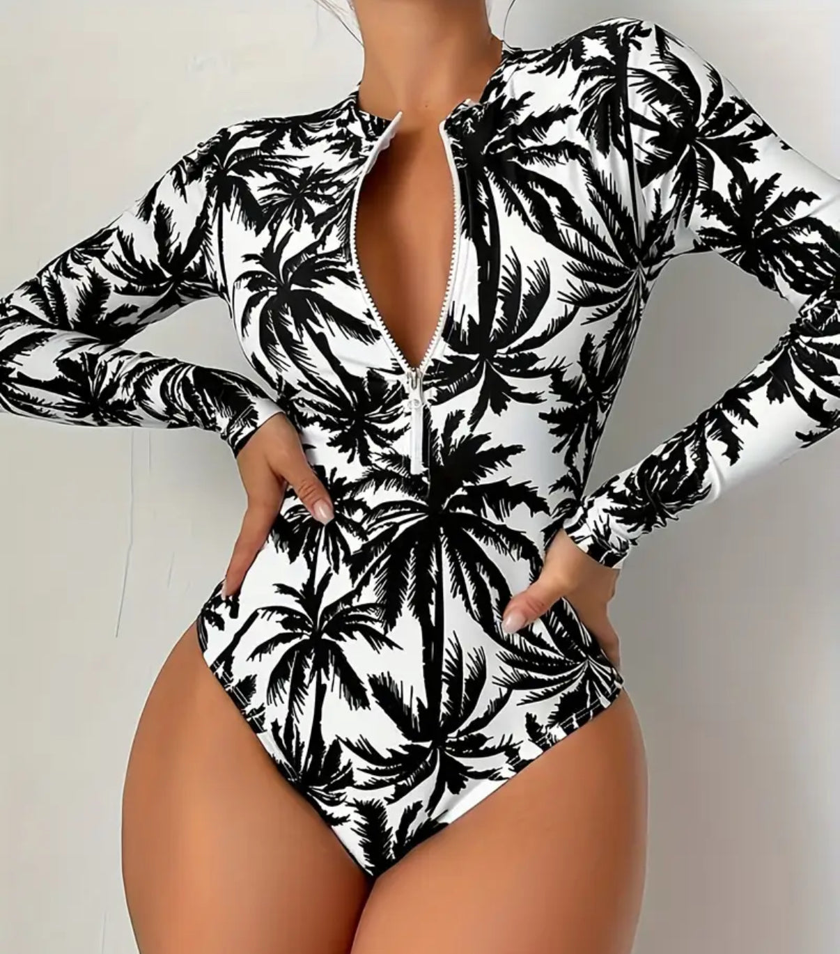 Women'S Tropical Palm Tree Print Long Sleeve One-Piece Swimsuit