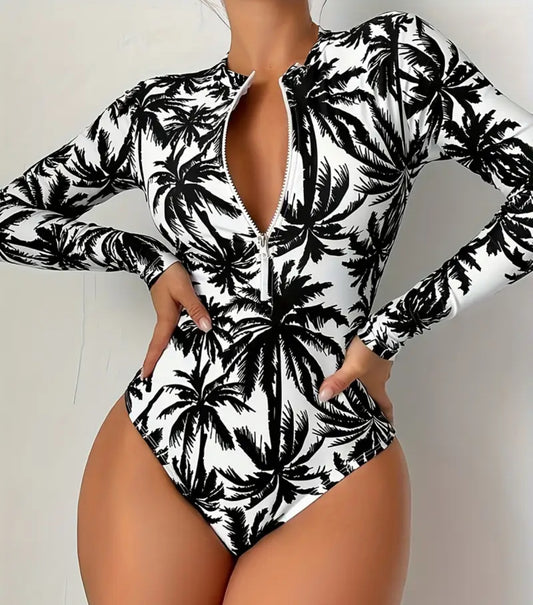 Women'S Tropical Palm Tree Print Long Sleeve One-Piece Swimsuit