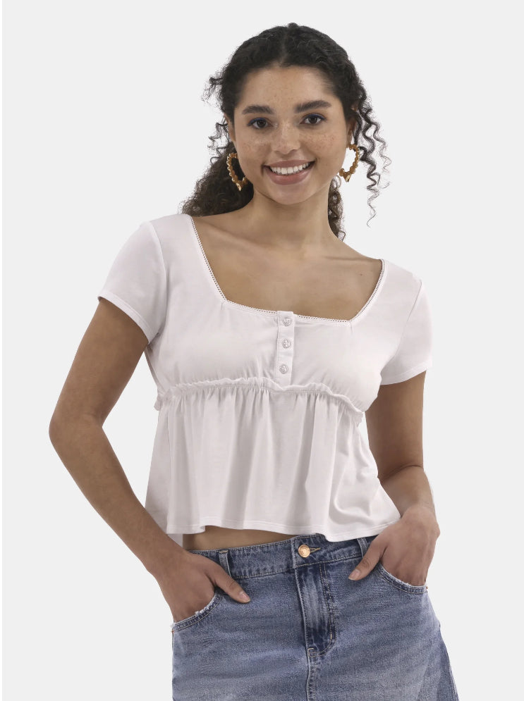 No Boundaries Babydoll Top with Short Sleeves, Women's