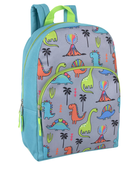 Boys 15"L Playful Printed Backpack with Padded Shoulder Straps and Front Zipper Pocket for Preschool, Kindergarten, Elementary, Camp, Traveling & Commuting in Dino Dance Off