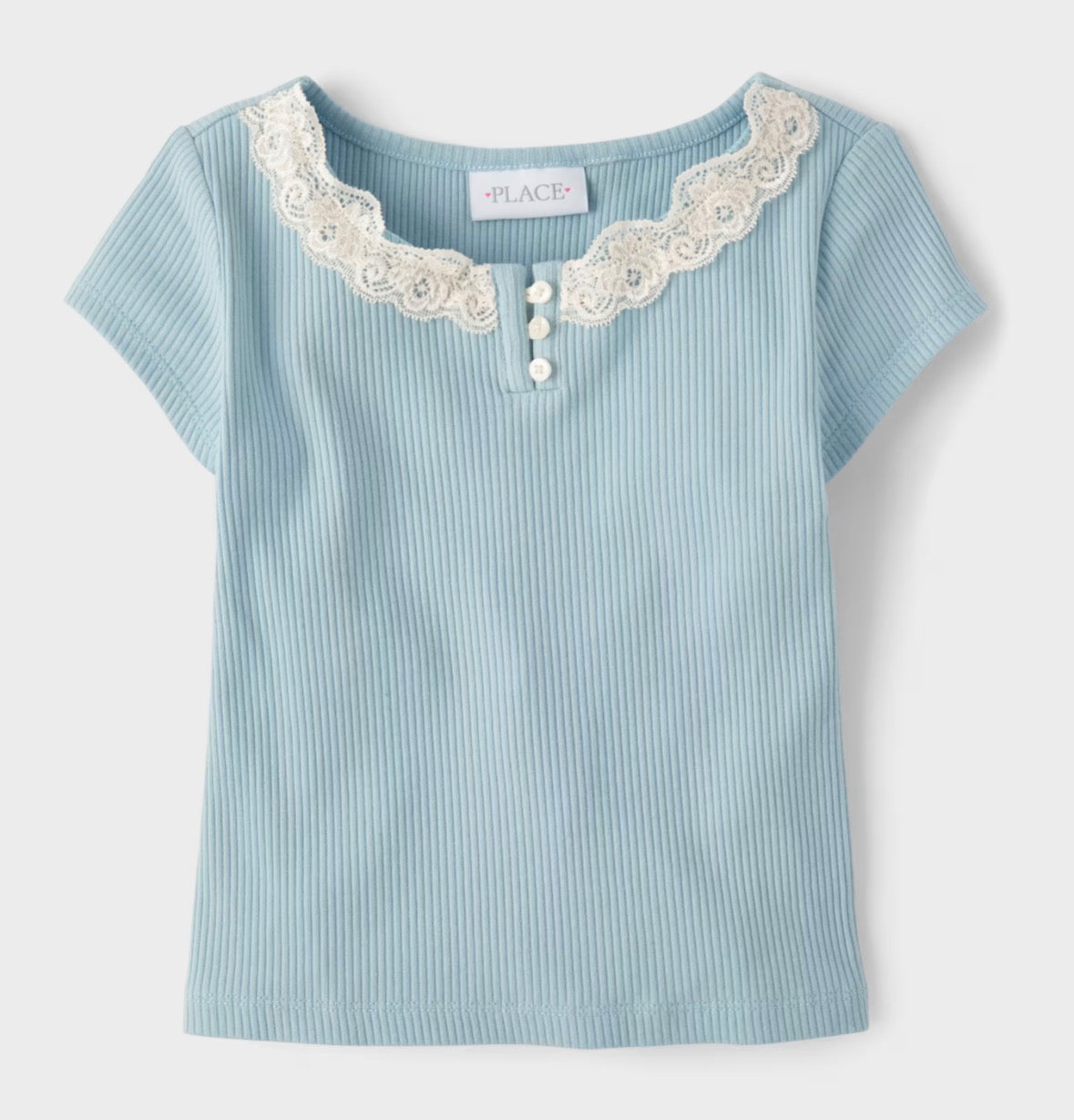 Girls Ribbed Lace Henley Top - Blue