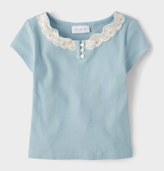 Girls Ribbed Lace Henley Top - Blue