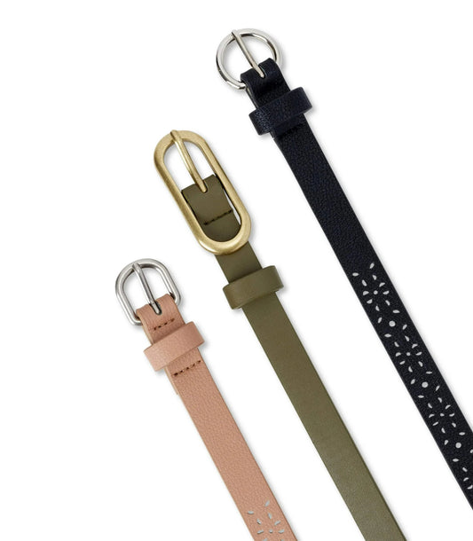 No Boundaries Women's Faux Leather 3 for 1 Basic Belts, Black/ Olive/ Tan