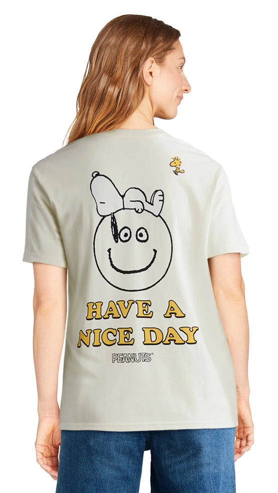 Peanuts Women’s Snoopy Front Back Graphic Tee with Short Sleeves.