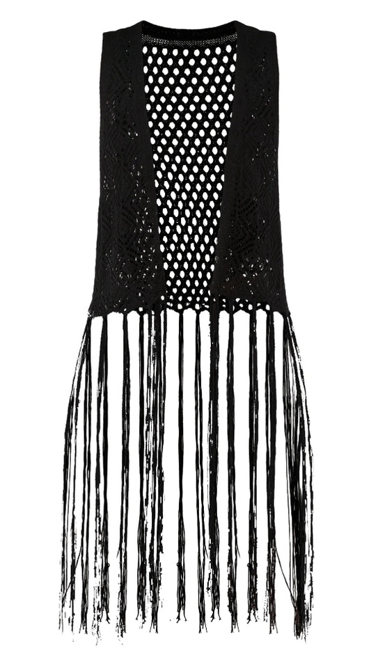 No Boundaries Women's Polyester Crochet Vest W/ Fringe.