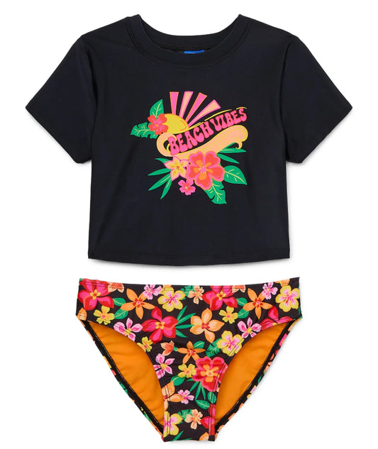 2PC Cropped Rashguard Swimsuit Set – Black