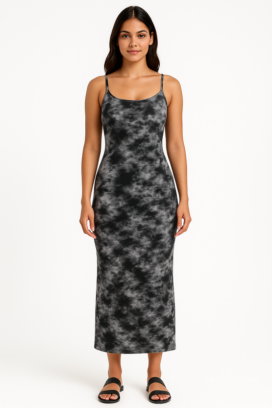 Women’s Sleeveless Tie-Dye Bodycon Maxi Dress – Black & Gray