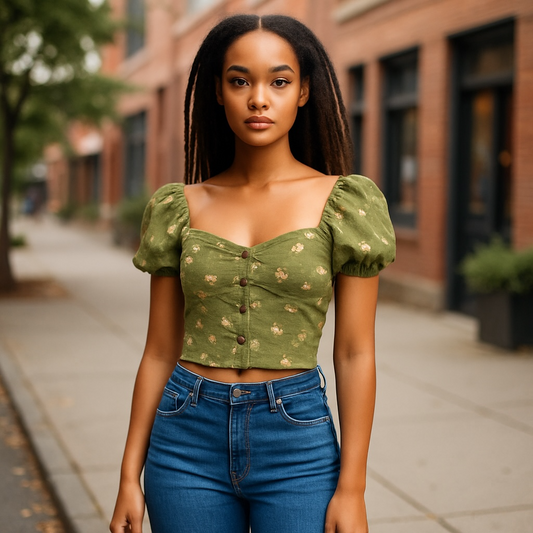 Girls’ Green Puff Sleeve Button-Front Crop Top