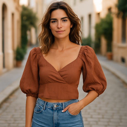 Girls’ Rust Puff Sleeve Wrap Crop Top