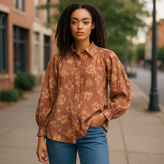 Women’s Long-Sleeve Floral Button-Up Blouse – Rust Orange