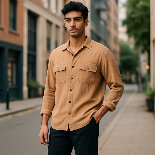Men’s Lightweight Textured Button-Up Shirt – Sand Beige (New Look Men)