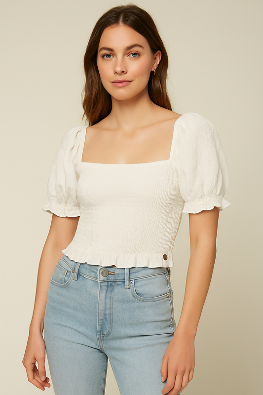 Roxy White Smocked Puff Sleeve Crop Top