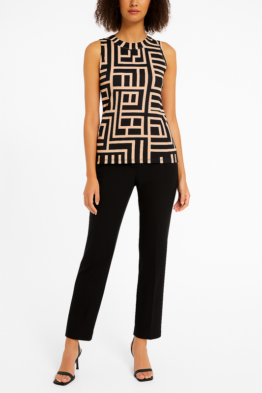 Women’s Geometric Sleeveless High-Neck Tank Top – Peach & Black Maze Print