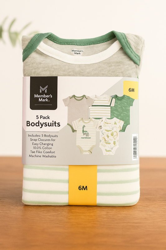 Member’s Mark 5-Pack Baby Bodysuits –  (Dinosaurs & Stripes Theme)