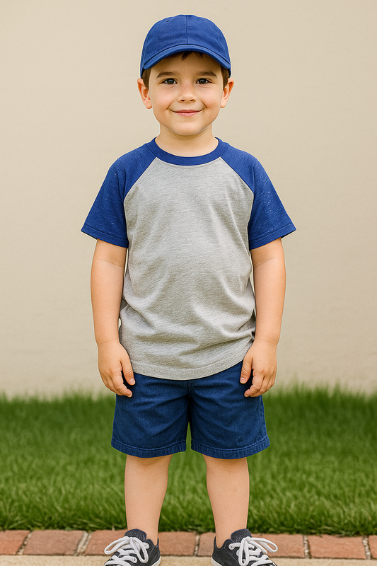 Wonder Nation Boys’ Tag-Free Comfort Raglan T-Shirt – Blue Sleeves & Heather Gray Body