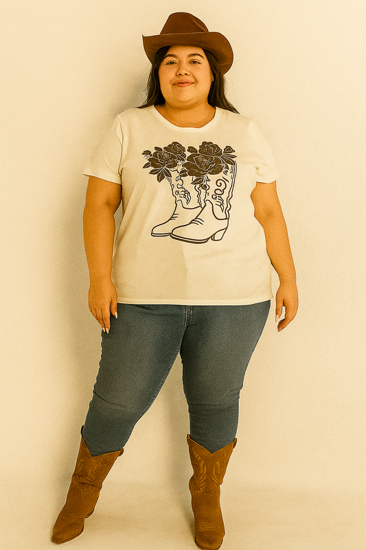 🌼 Big Lots® White Graphic Tee – Boots & Roses Design