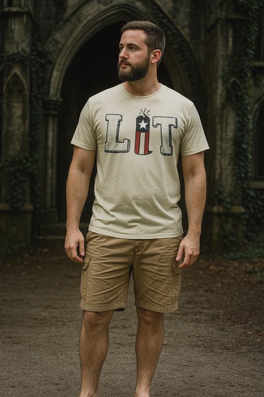 “LIT” Graphic Tee – Patriotic Firecracker Design