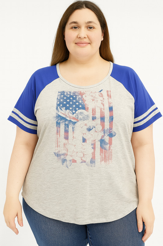 Women’s Gray & Blue Patriotic Raglan Graphic Tee