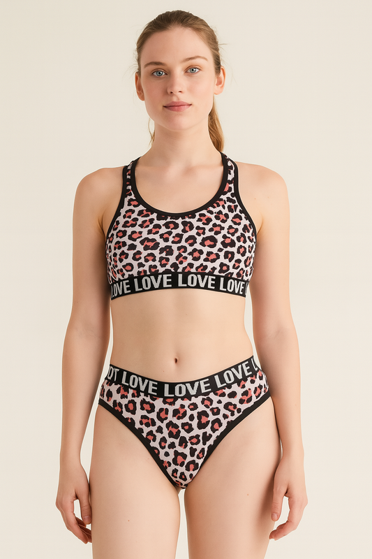 Leopard Print “LOVE” Sports Bra & Panty Set