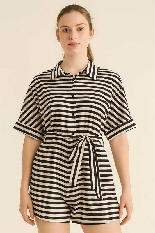 Black & White Striped Button-Front Romper