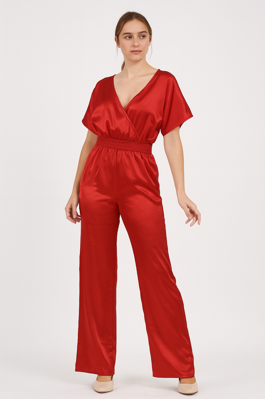 Satin Red V-Neck Jumpsuit