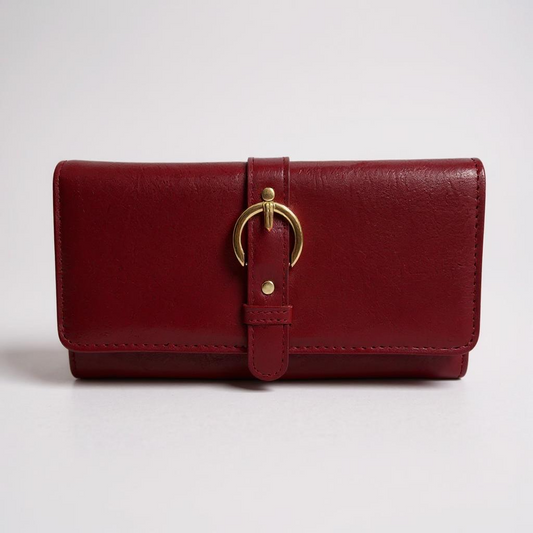 Classic Wine Red Wallet with Gold Buckle