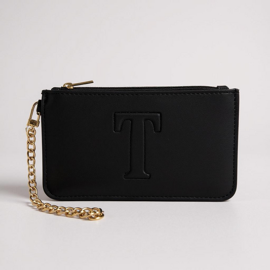 Black Initial “T” Coin Purse with Gold Chain